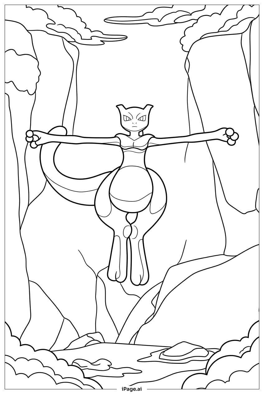 Página para colorear de Mewtwo levita sobre la niebla de una cascada en el cañón