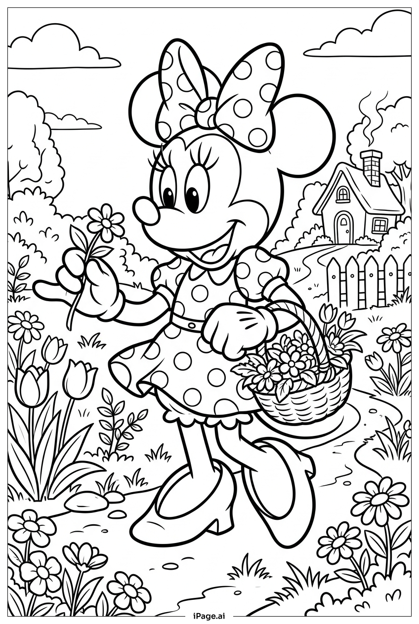 Minnie Maus pflückt Blumen neben einem gemütlichen Häuschen Ausmalseite