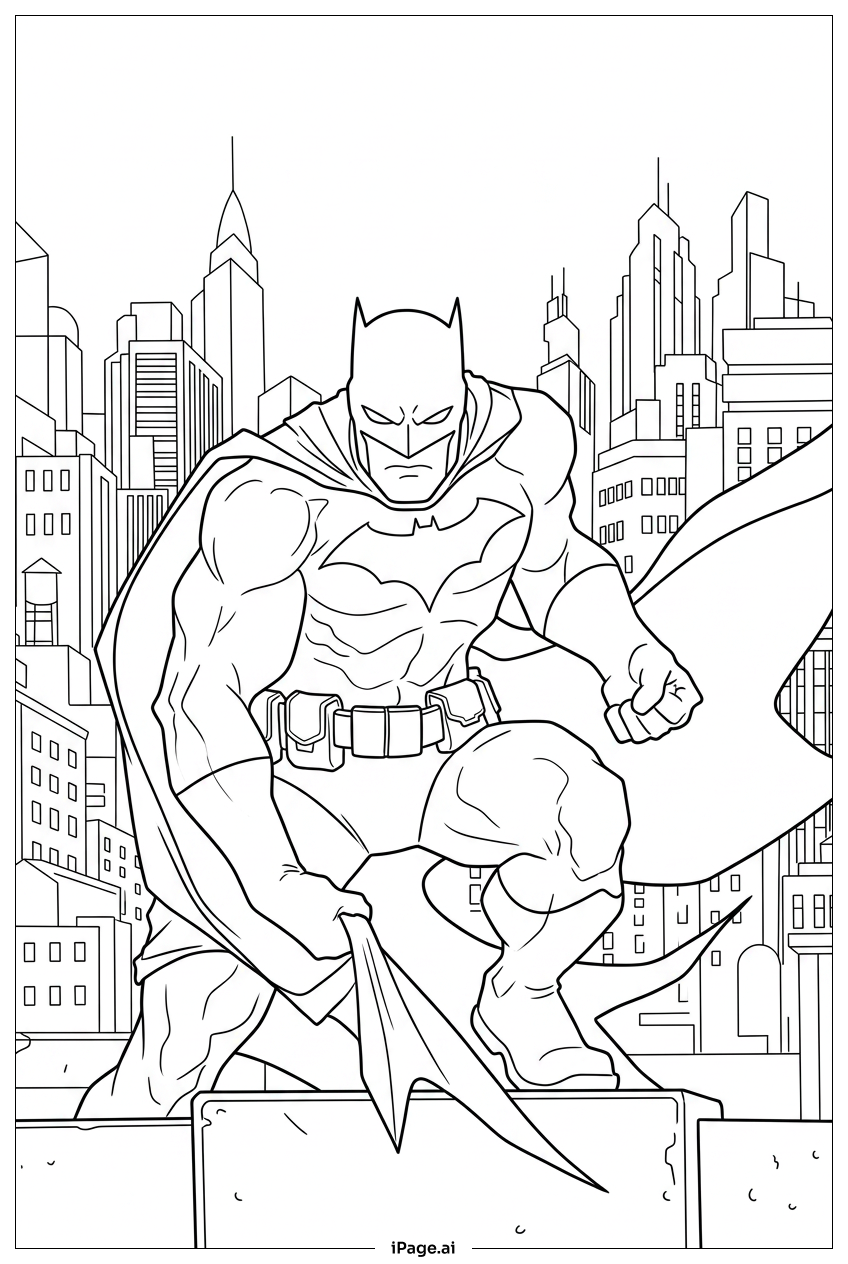 Batman Crouches Ready With Sharp Batarang Coloring Page
