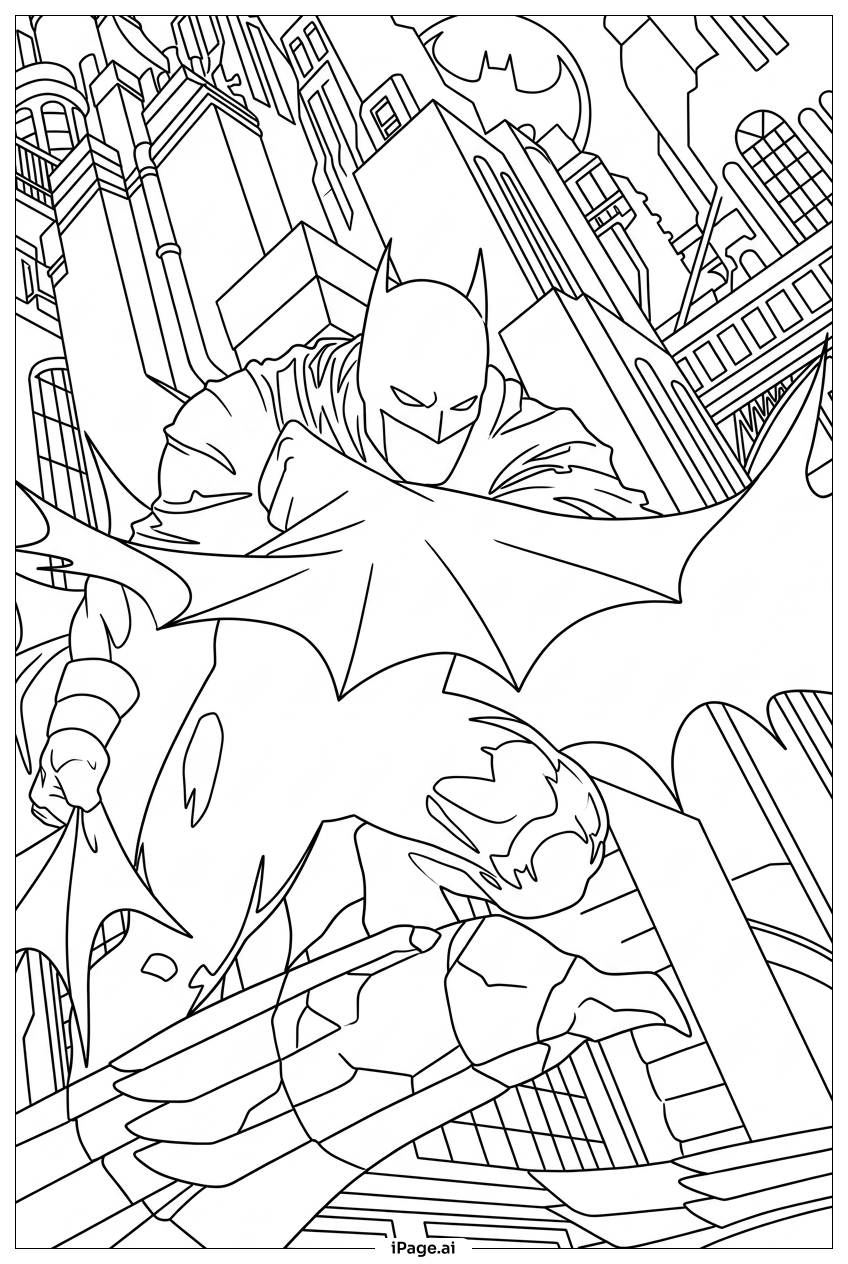 Batman Strikes Foe Amid Gotham Cityscape Coloring Page