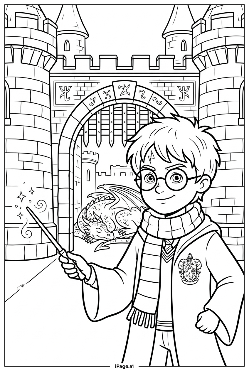 Página para colorir de Harry Potter Protegendo o Portão do Castelo do Dragão