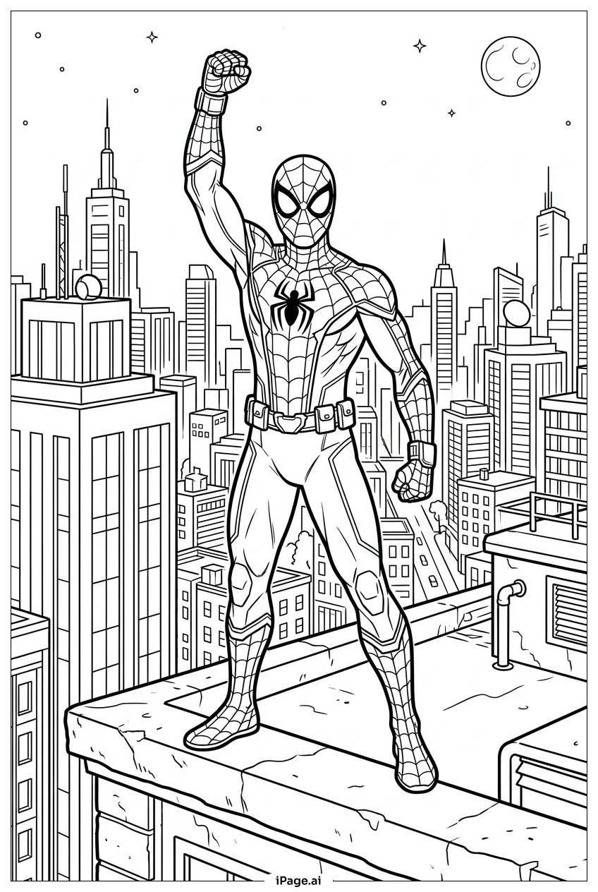 Página para colorir de Homem-Aranha saúda o céu noturno após a vitória