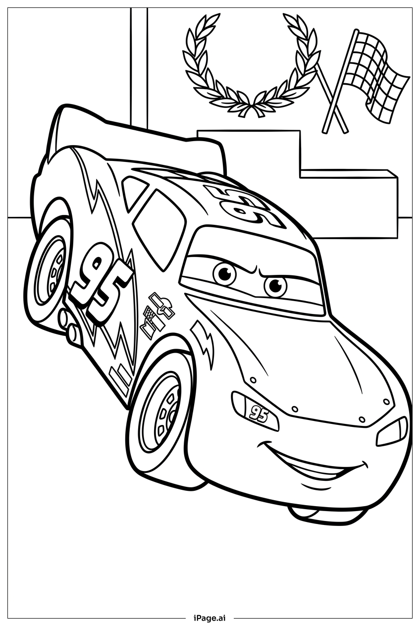 Lightning Mcqueen approaches podium with laurel wreath Coloring Page