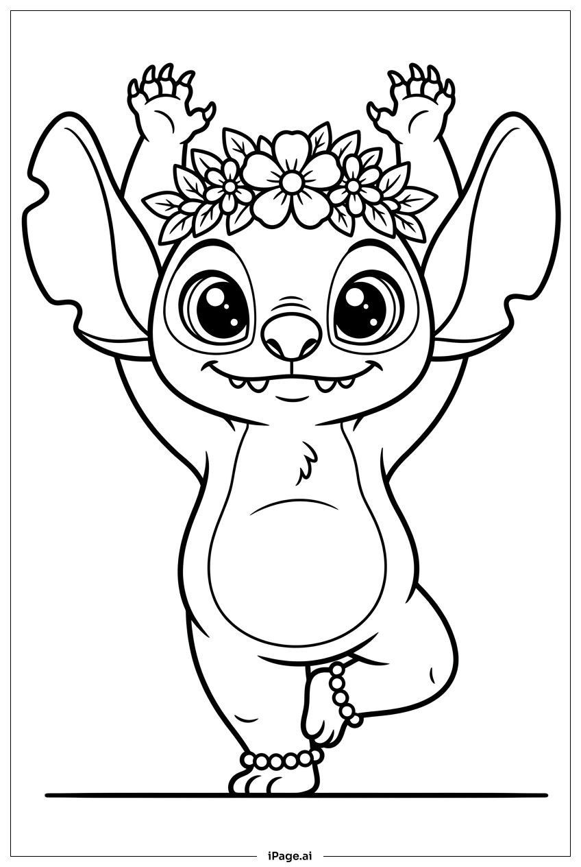 ヨガの木のポーズで優雅にバランスを取るスティッチの塗り絵ページ