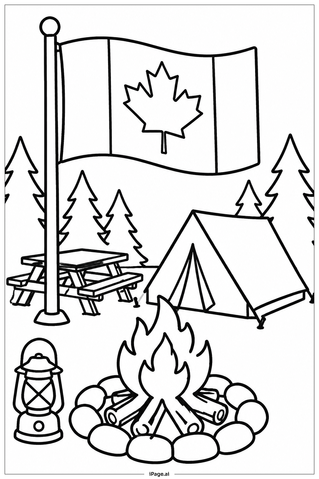  Kanadische Flagge Lagerfeuerszene Ausmalseite 