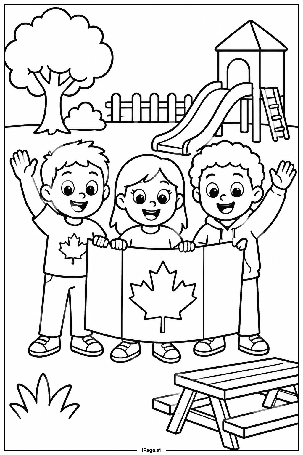  Canada Flag Kids Waving Coloring Page 
