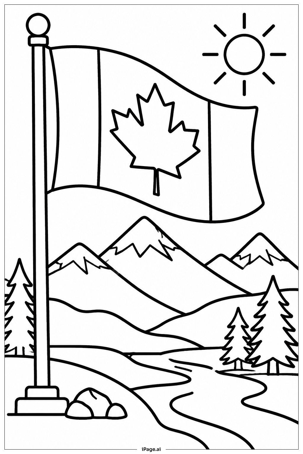  Canada Flag Mountain View Coloring Page 