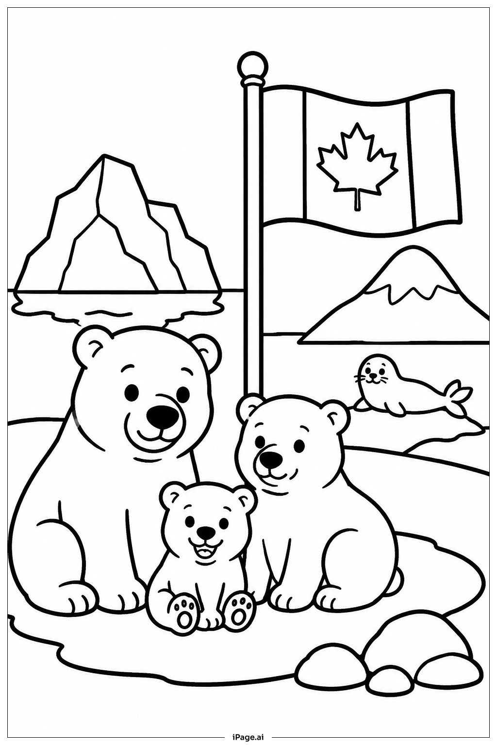  Canada Flag Polar Bear Family Coloring Page 