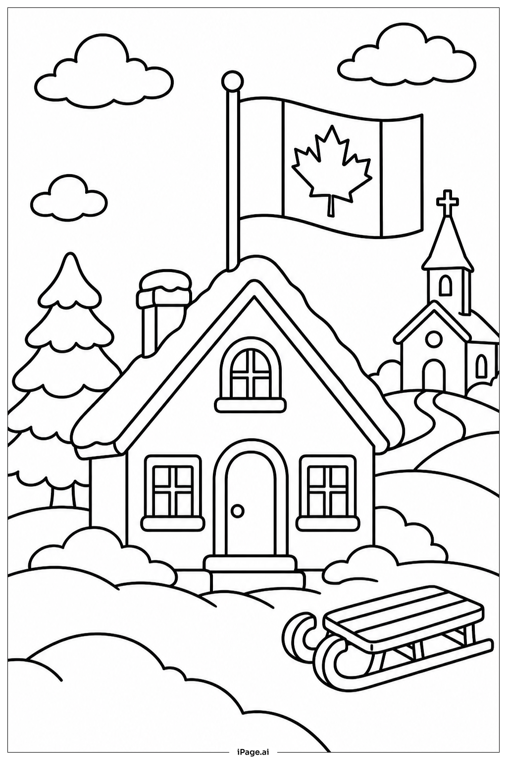  Página para colorear de Bandera de Canadá y Pueblo Nevado 