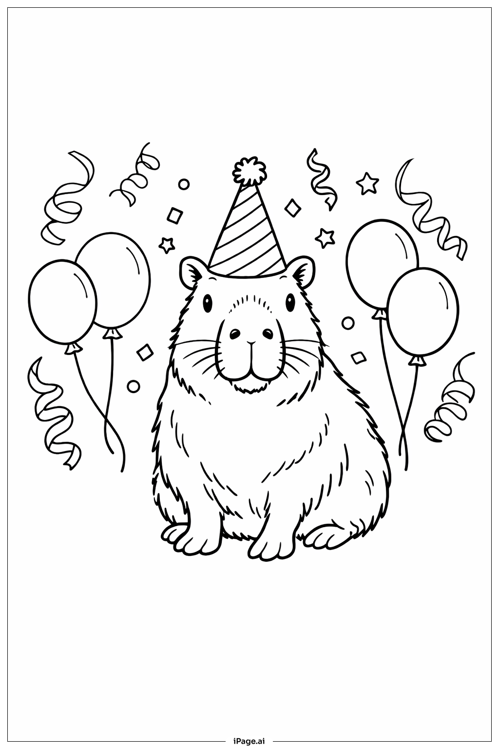  カピバラのお誕生日パーティーの塗り絵ページ 