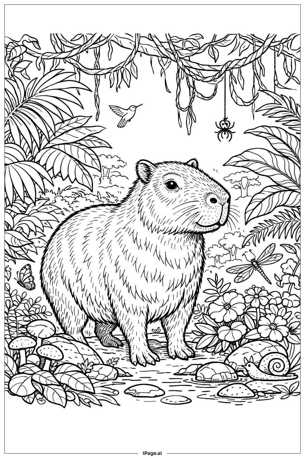  Page de coloriage Capybara dans la forêt tropicale 