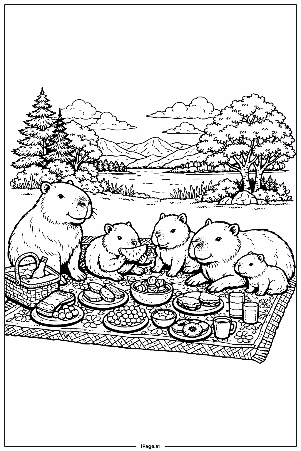  Capybara Picnic Scene Coloring Page 