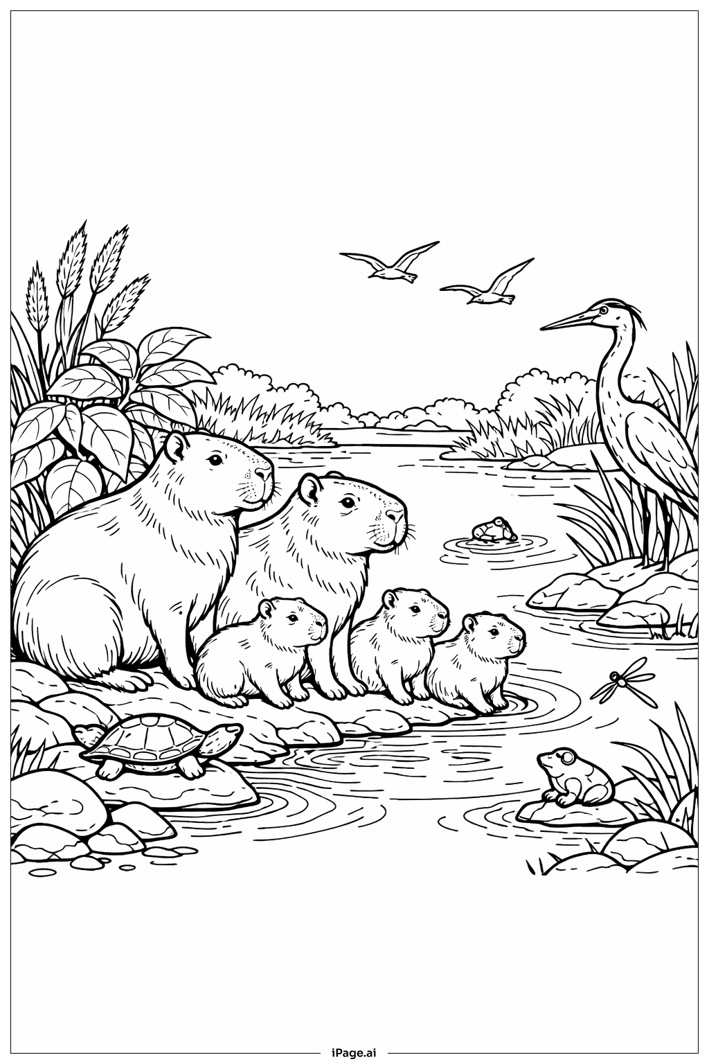  Page de coloriage Famille de cabiais sur la rive 