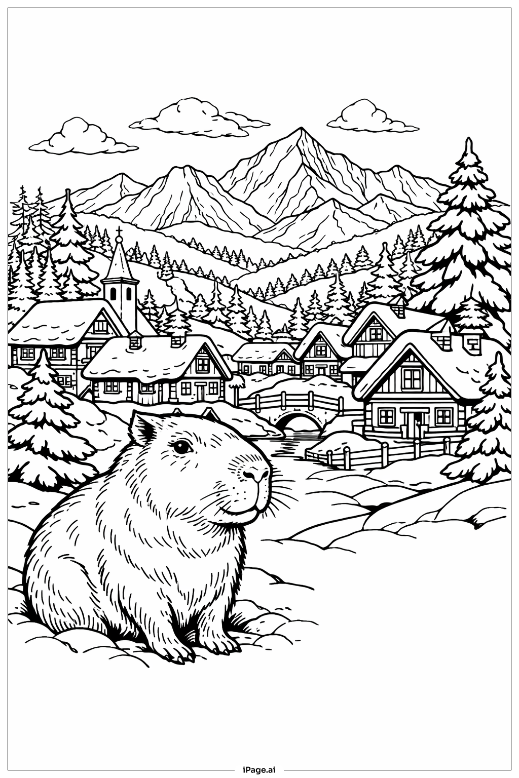  Capybara Winterdorf Ausmalseite 