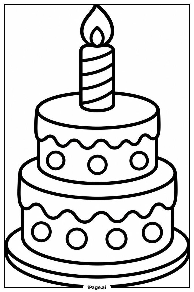 カートゥーン誕生日ケーキの塗り絵ページ