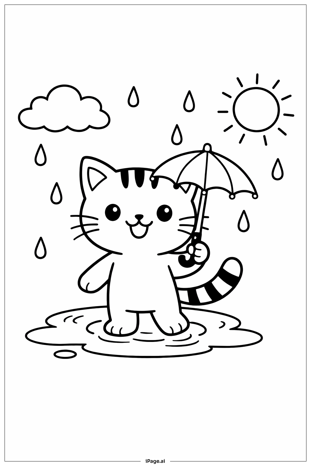  Cat In Rain With Umbrella Coloring Page 