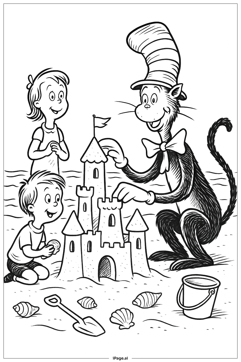  戴帽子的猫正在堆沙堡填色页 