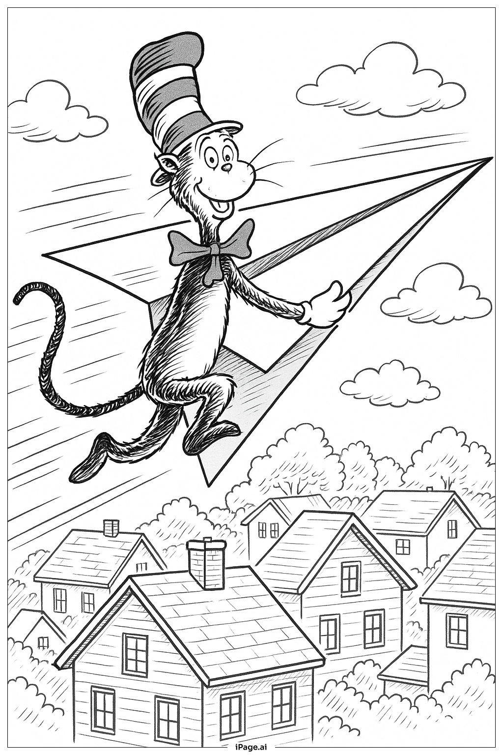  Página para colorear de El Gato con Sombrero Volando en un Avión de Papel 