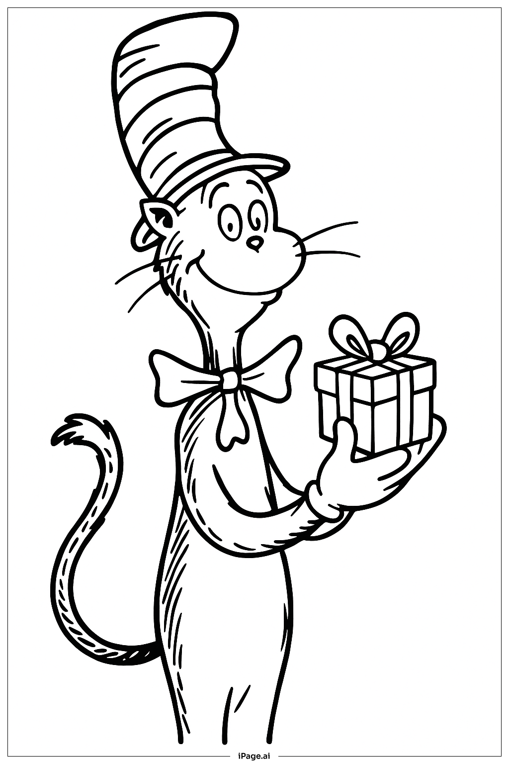 Página para colorear de El Gato con Sombrero Sosteniendo un Regalo