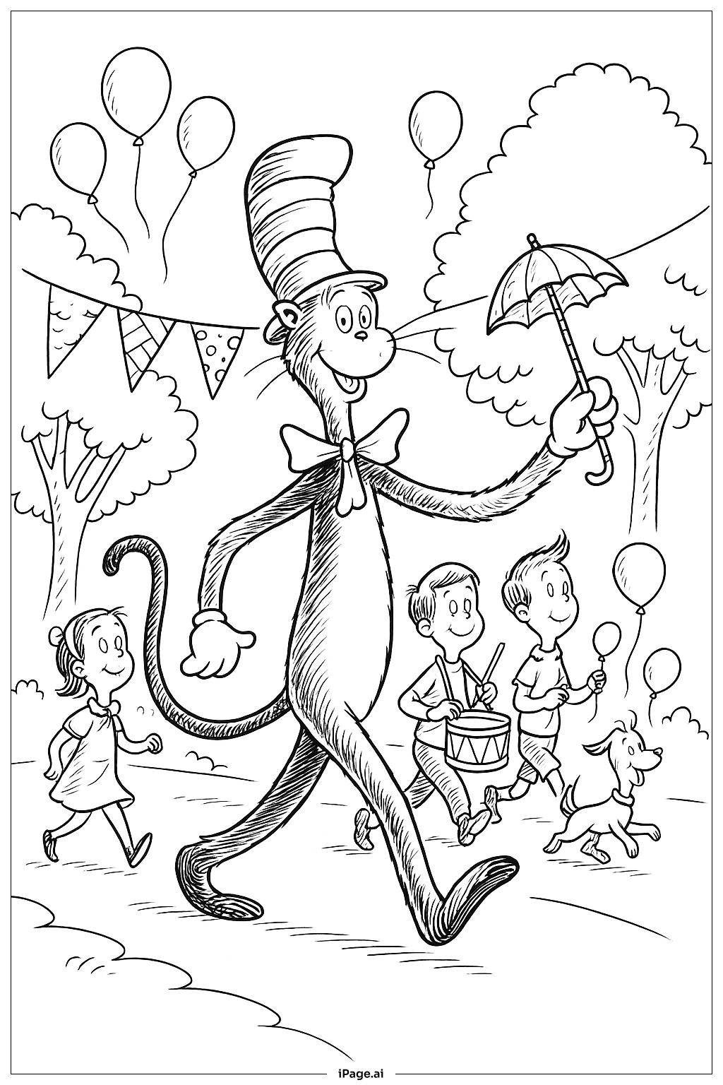  고양이 모자 쓴 고양이 행진 선두 색칠공부 페이지 