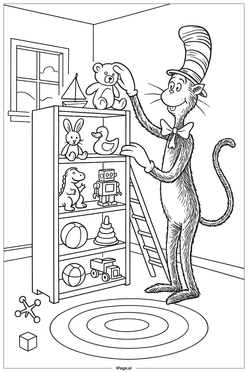  Página para colorear de El Gato Ensombrerado Organizando Juguetes 
