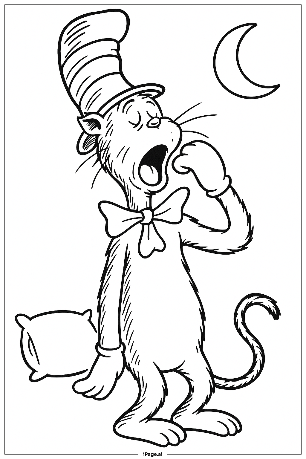 The Cat in the Hat のねむそうなあくびの塗り絵ページ