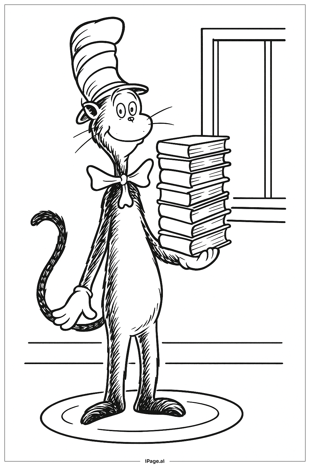 고양이 장난감 모자와 책 더미 색칠공부 페이지