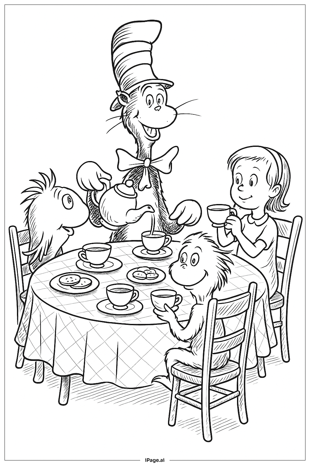  Page de coloriage Le Tea Party du Chat Chapeauté 