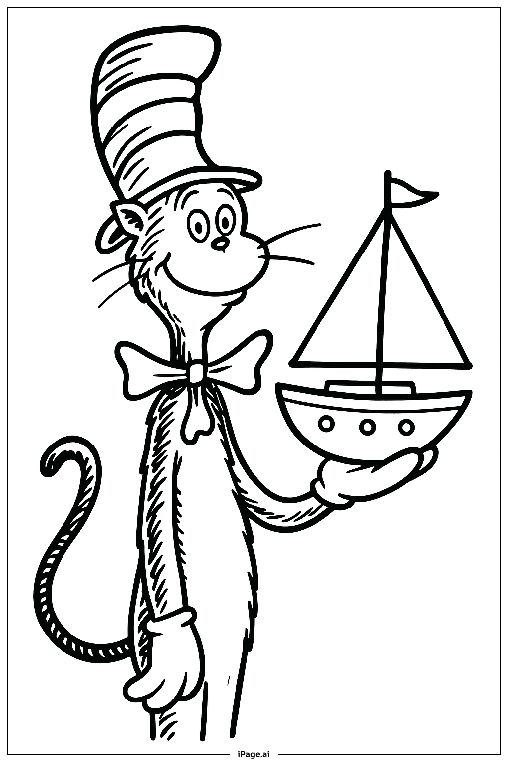 Página para colorear de Barco de Juguete del Gato con Sombrero