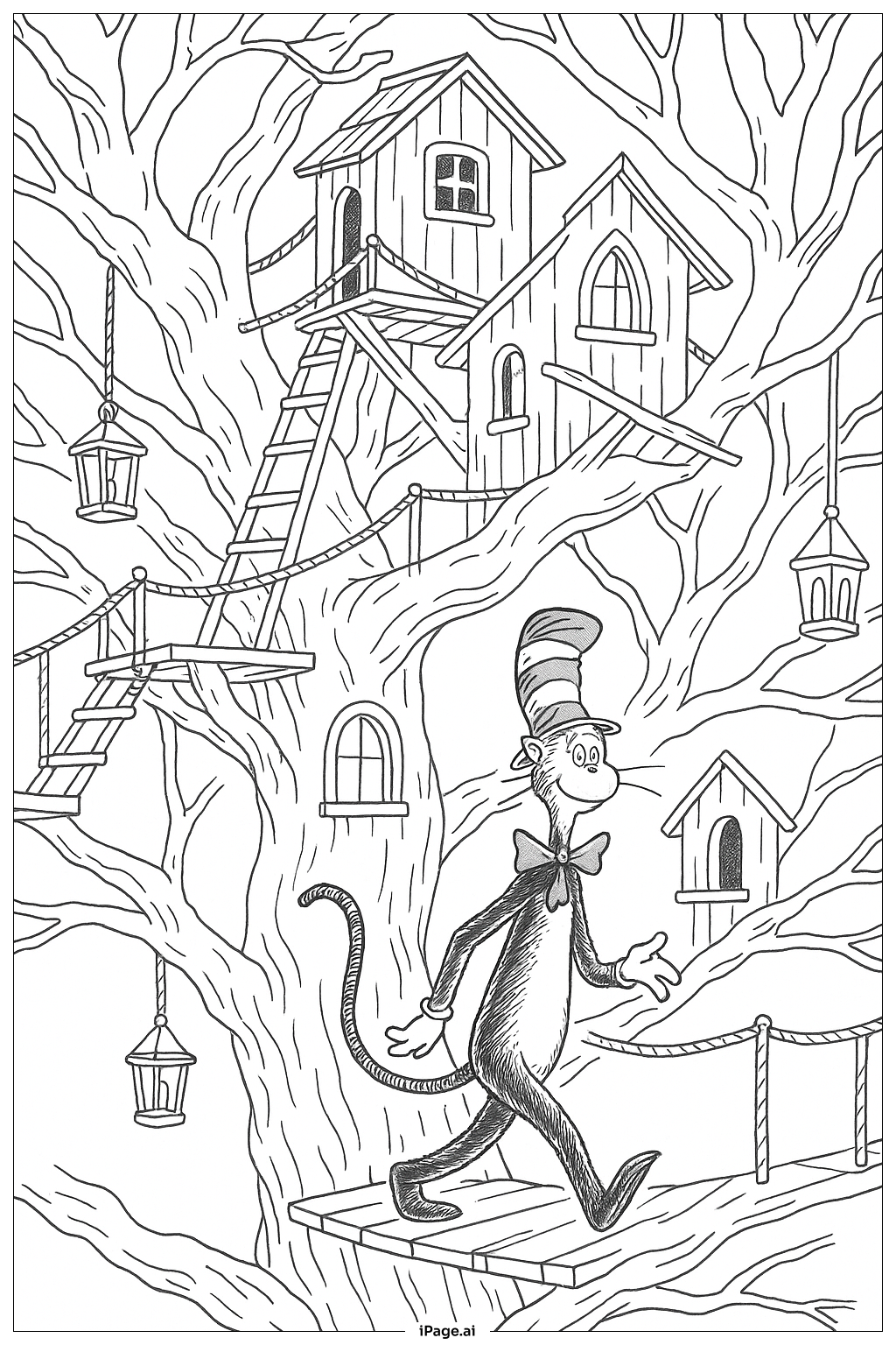  Page de coloriage Aventure de la Cabane dans l'Arbre du Chat au Chapeau 