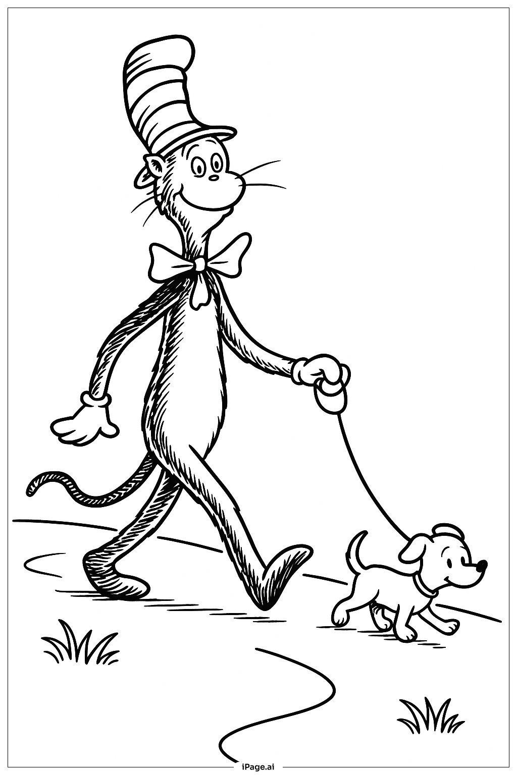 Page de coloriage Le Chat chapeauté promenant un chien