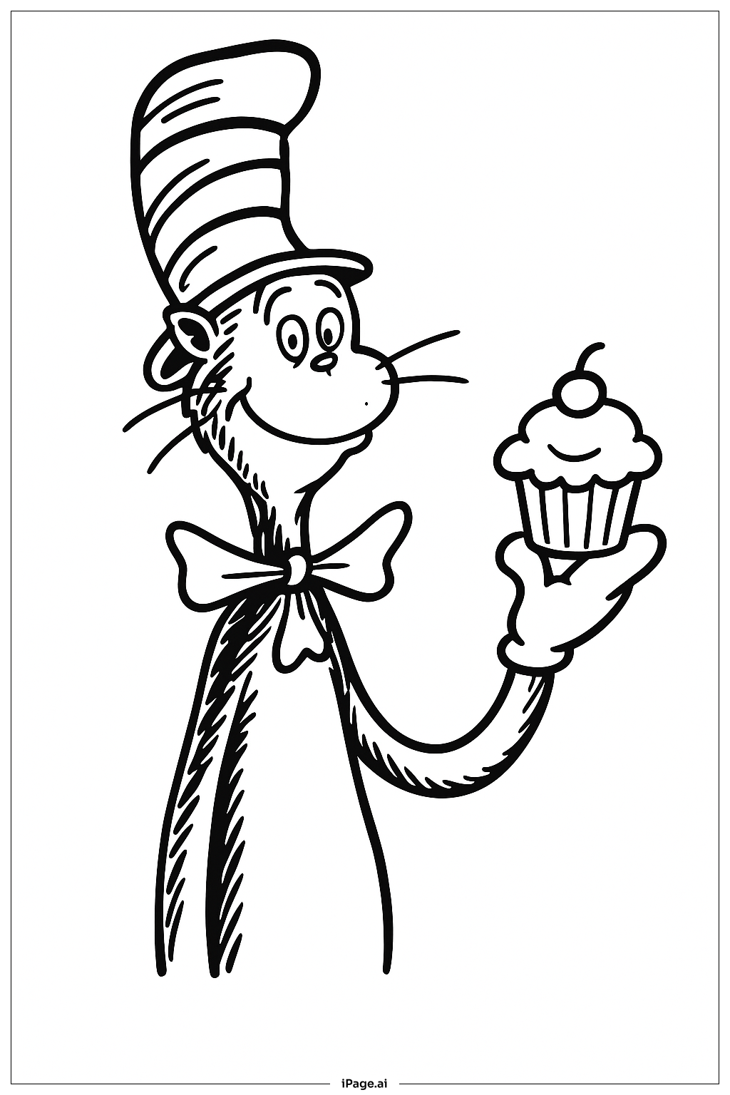 Página para colorear de El Gato Ensombrerado con Cupcake