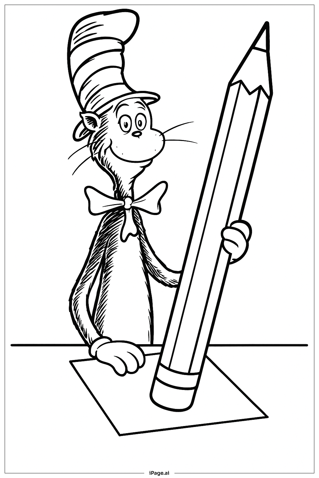 Cat In The Hat With Giant Pencil Coloring Page