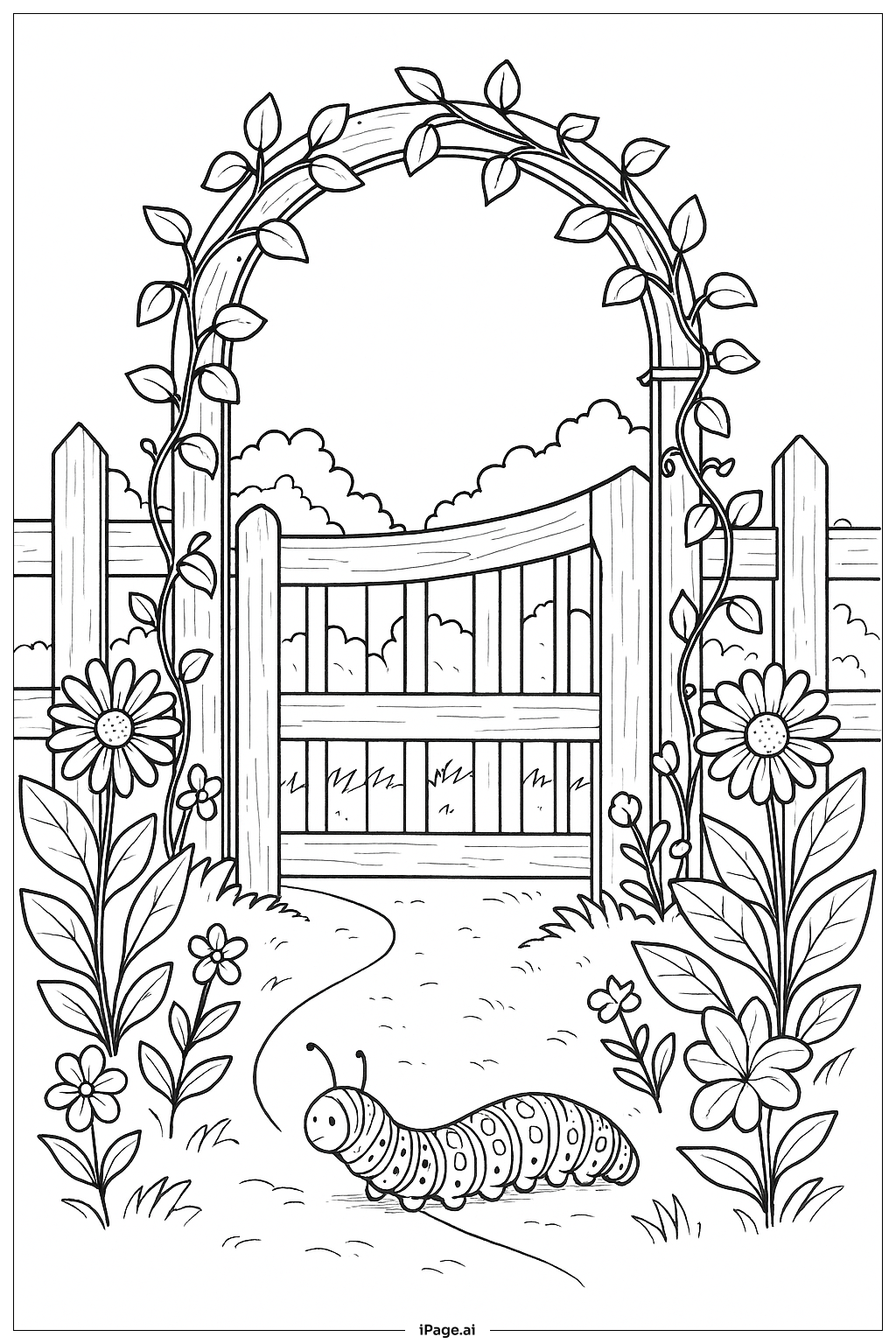  Caterpillar Exploring Garden Gate Coloring Page 