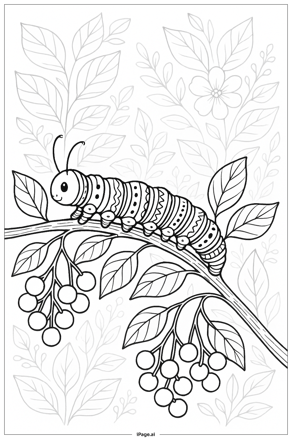  Caterpillar On Branch With Berries Coloring Page 