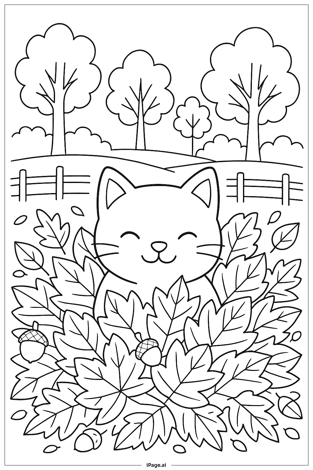  Página para colorir de Cochilo entre um monte de folhas de outono 