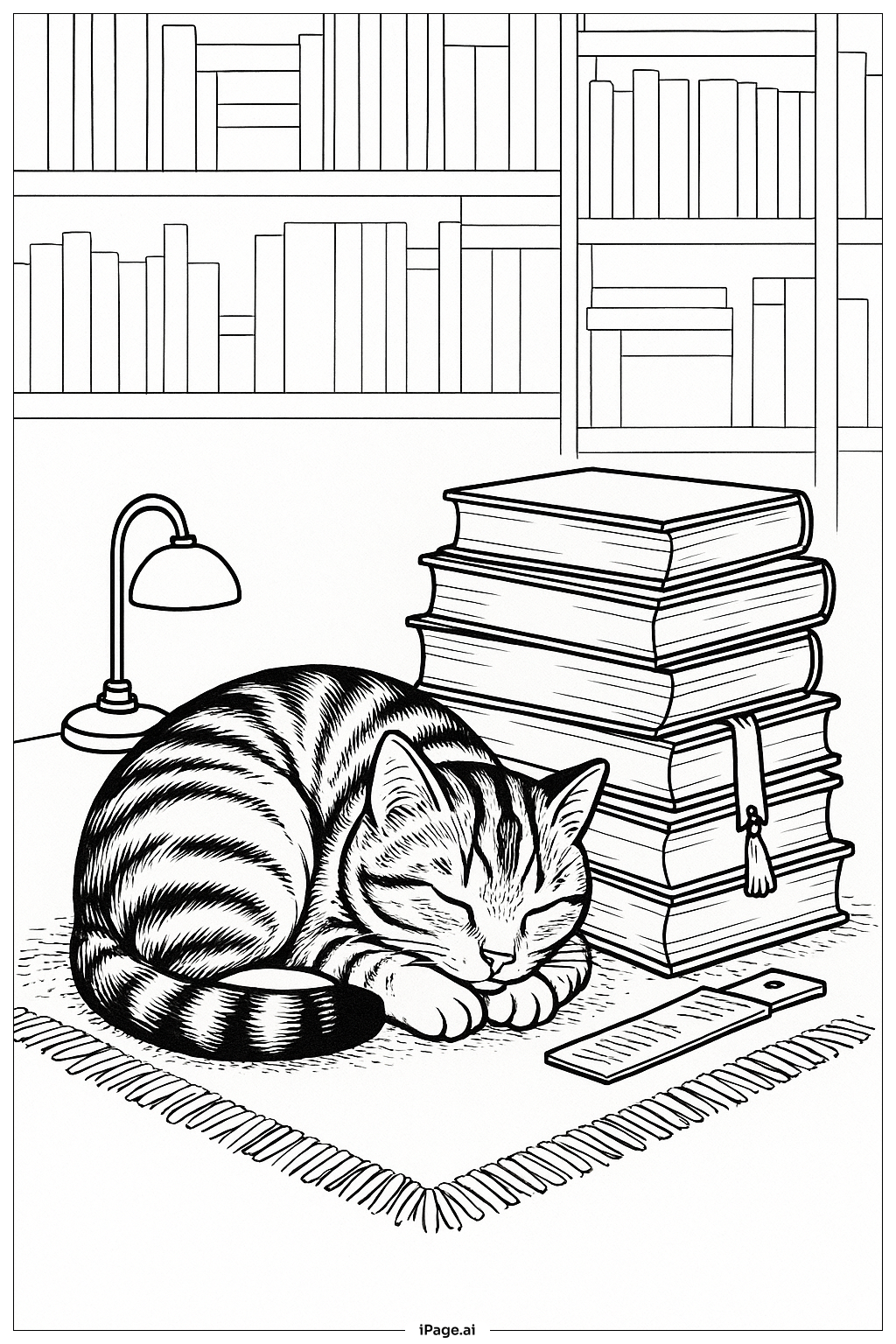 積み重なった本のそばで昼寝する猫の塗り絵ページ