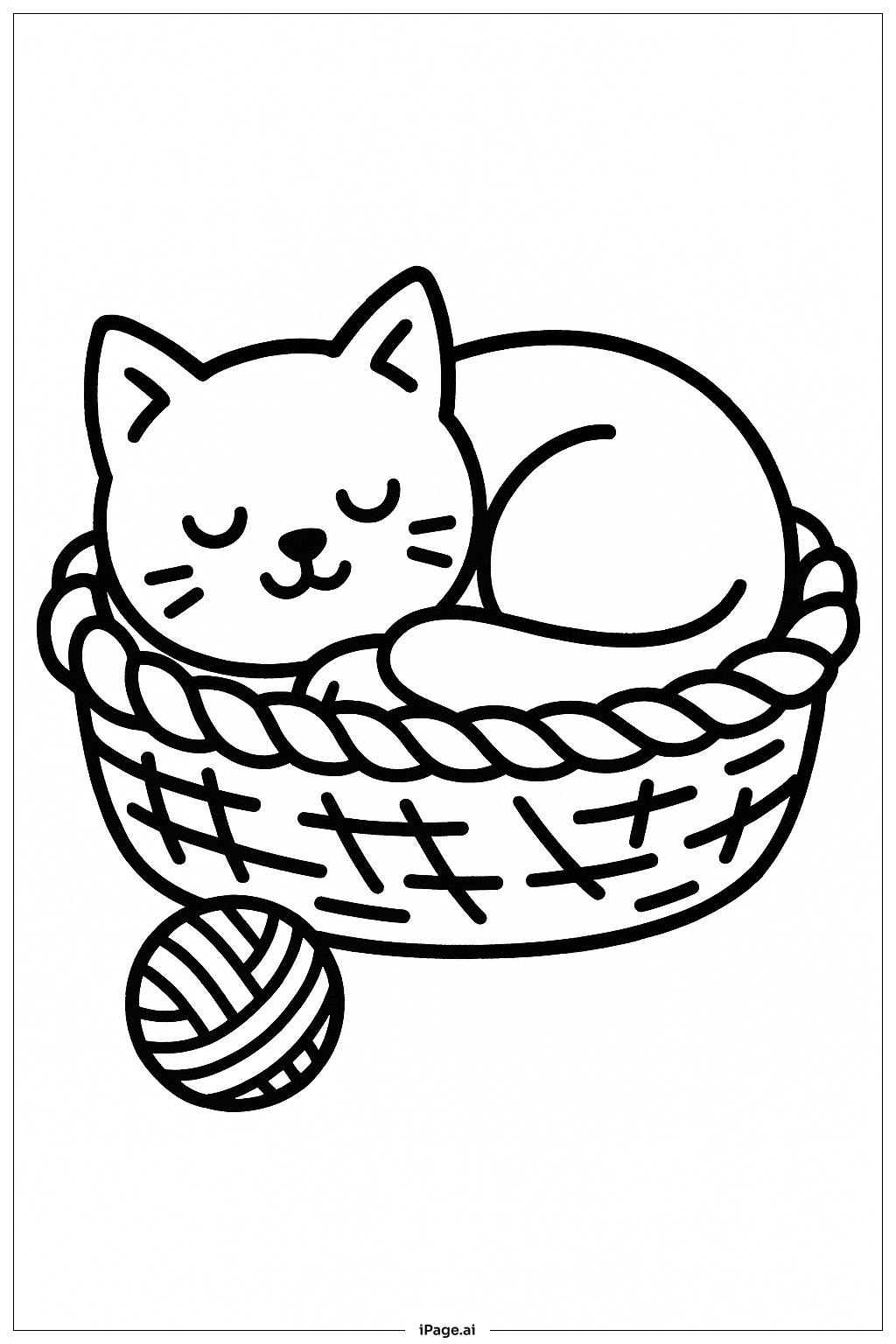 かごでうたた寝する猫の塗り絵ページ