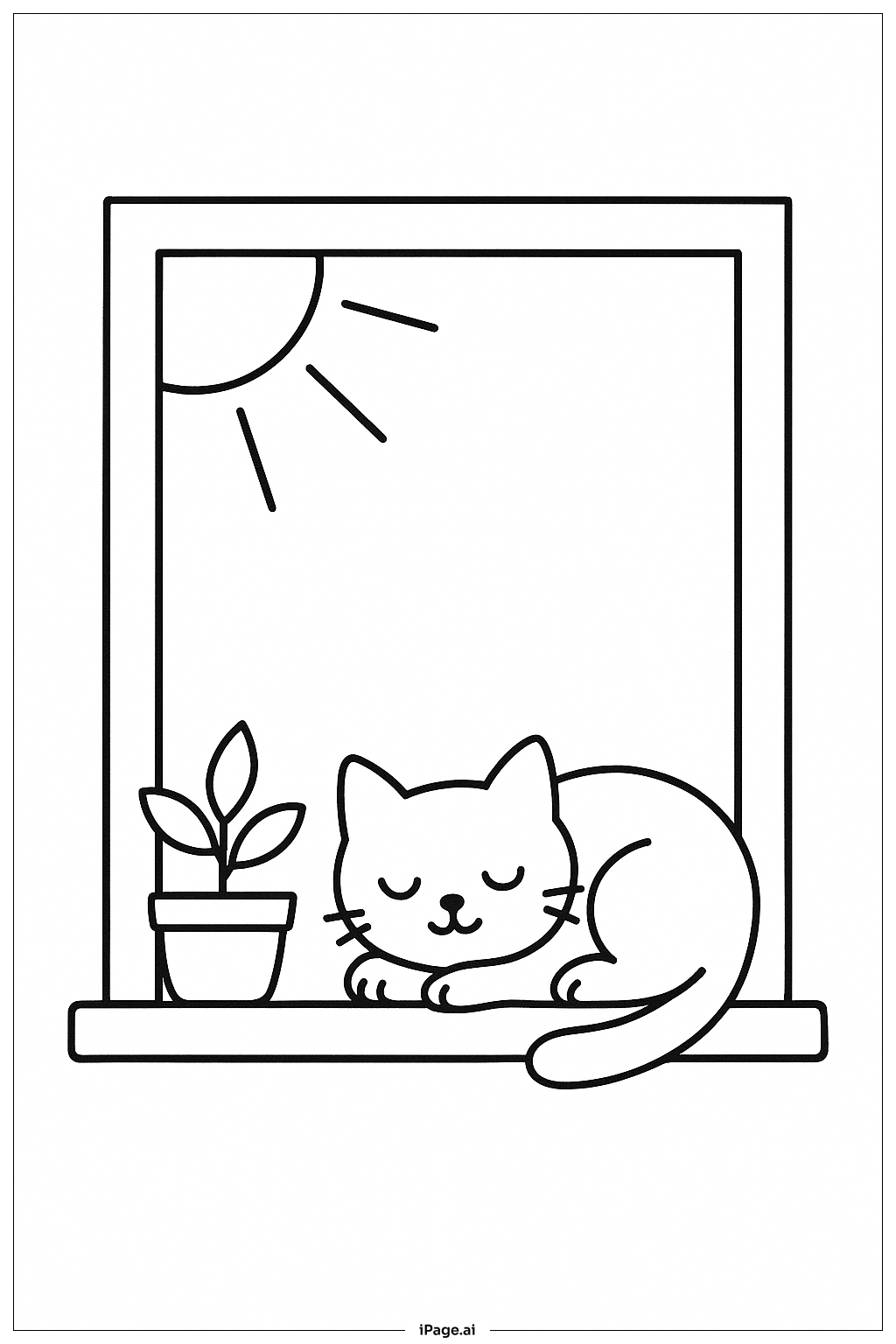 日の当たる窓辺での猫の昼寝の塗り絵ページ