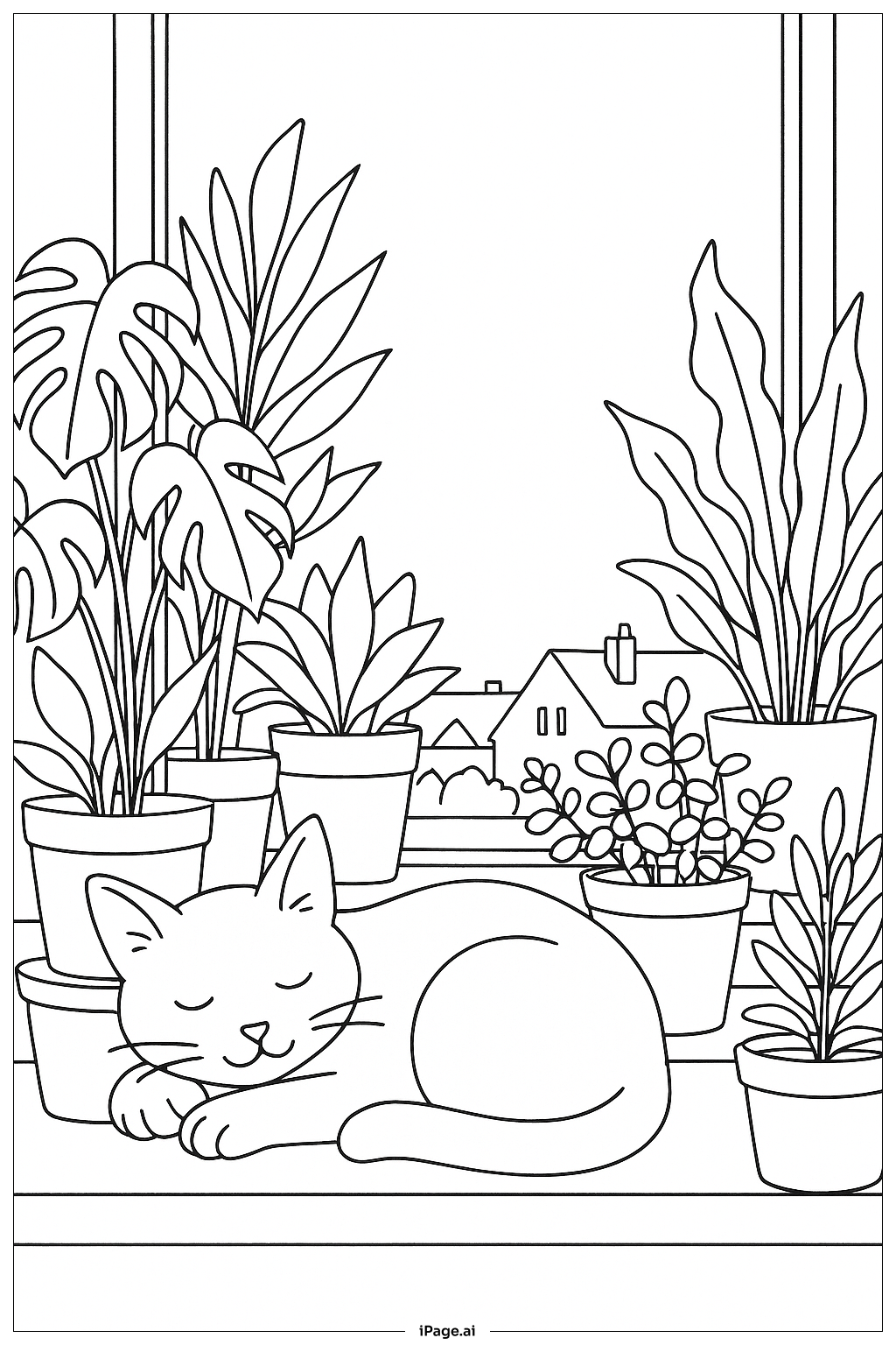 窓辺の庭で猫のうたた寝の塗り絵ページ