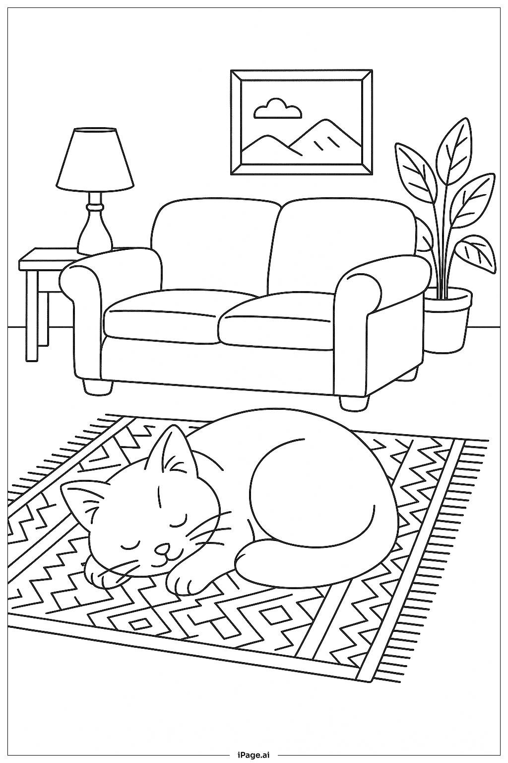  Página para colorir de Soneca em Cena Aconchegante na Sala de Estar 