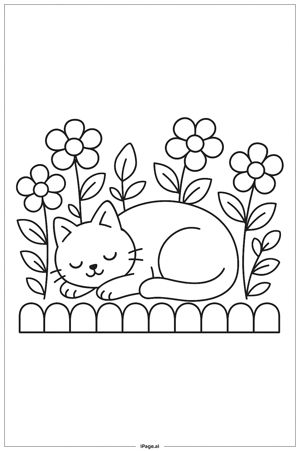 花壇でうたた寝する猫の塗り絵ページ