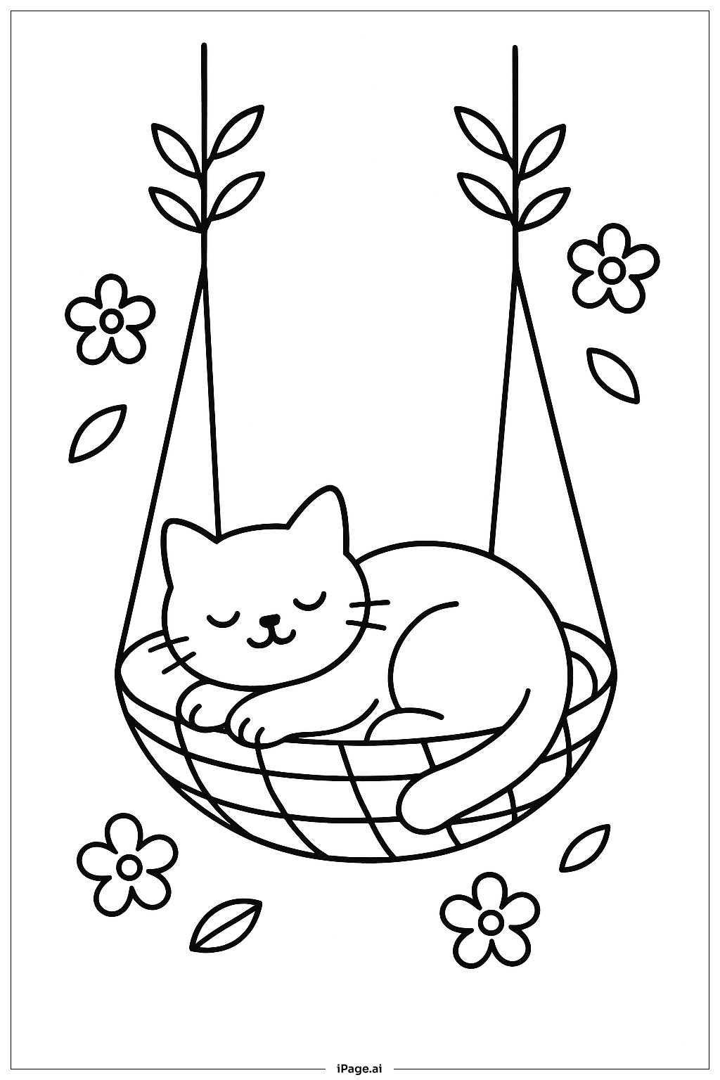  花园秋千上的猫咪小憩填色页 