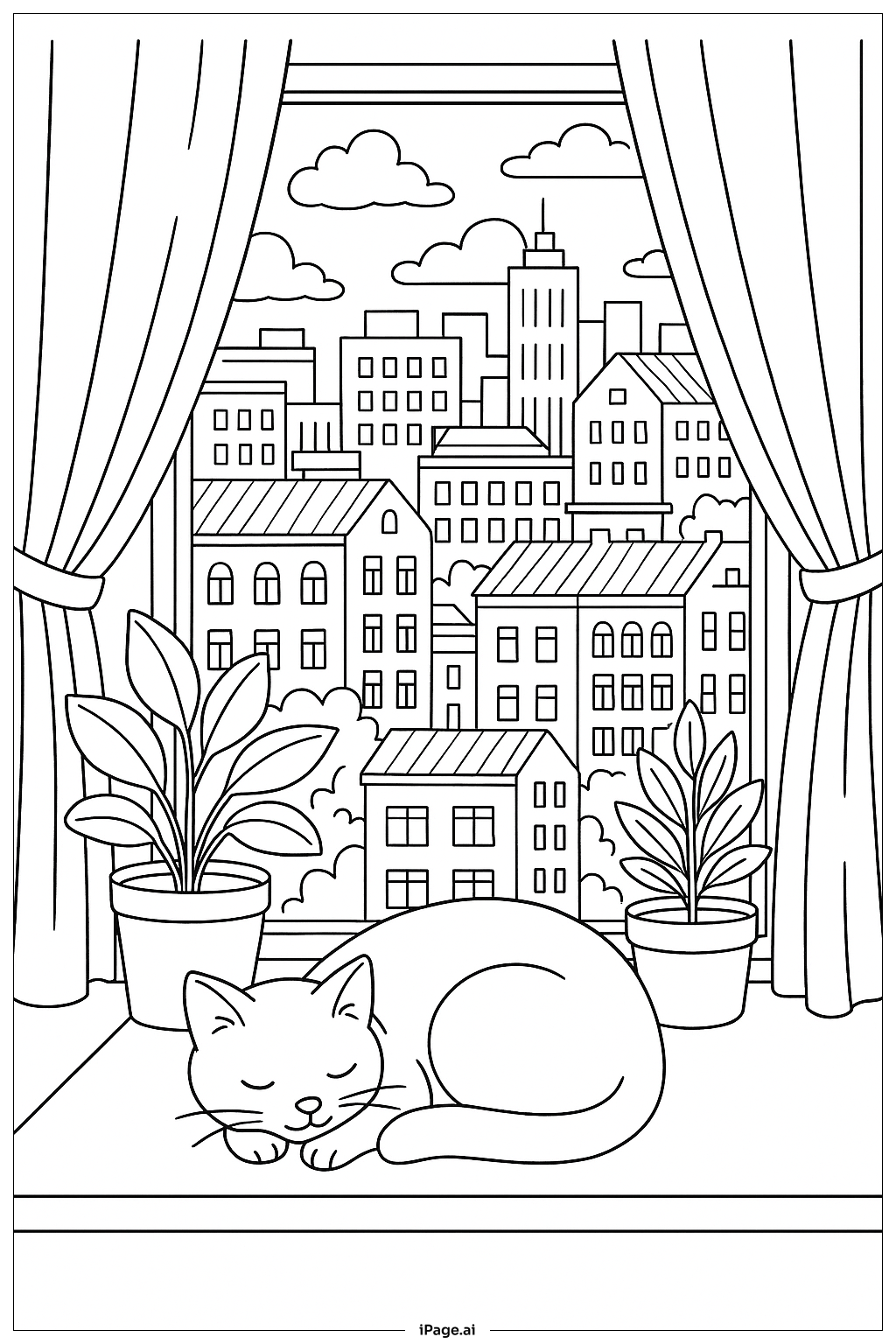  窗邊小貓午睡與城市景觀著色頁 