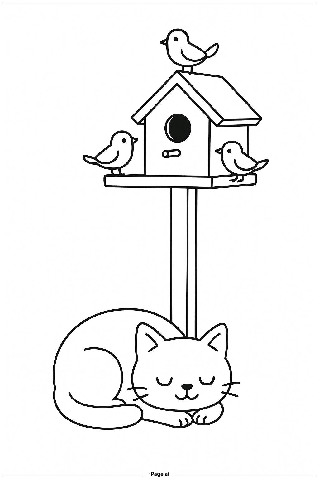  鳥屋旁的小憩貓咪著色頁 