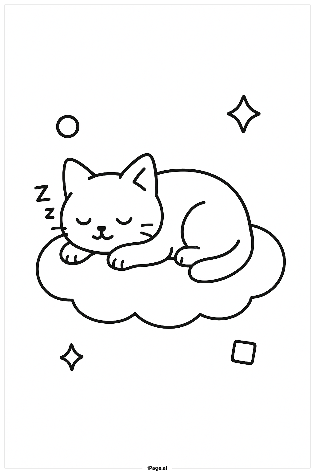  云朵枕头上的小憩猫填色页 