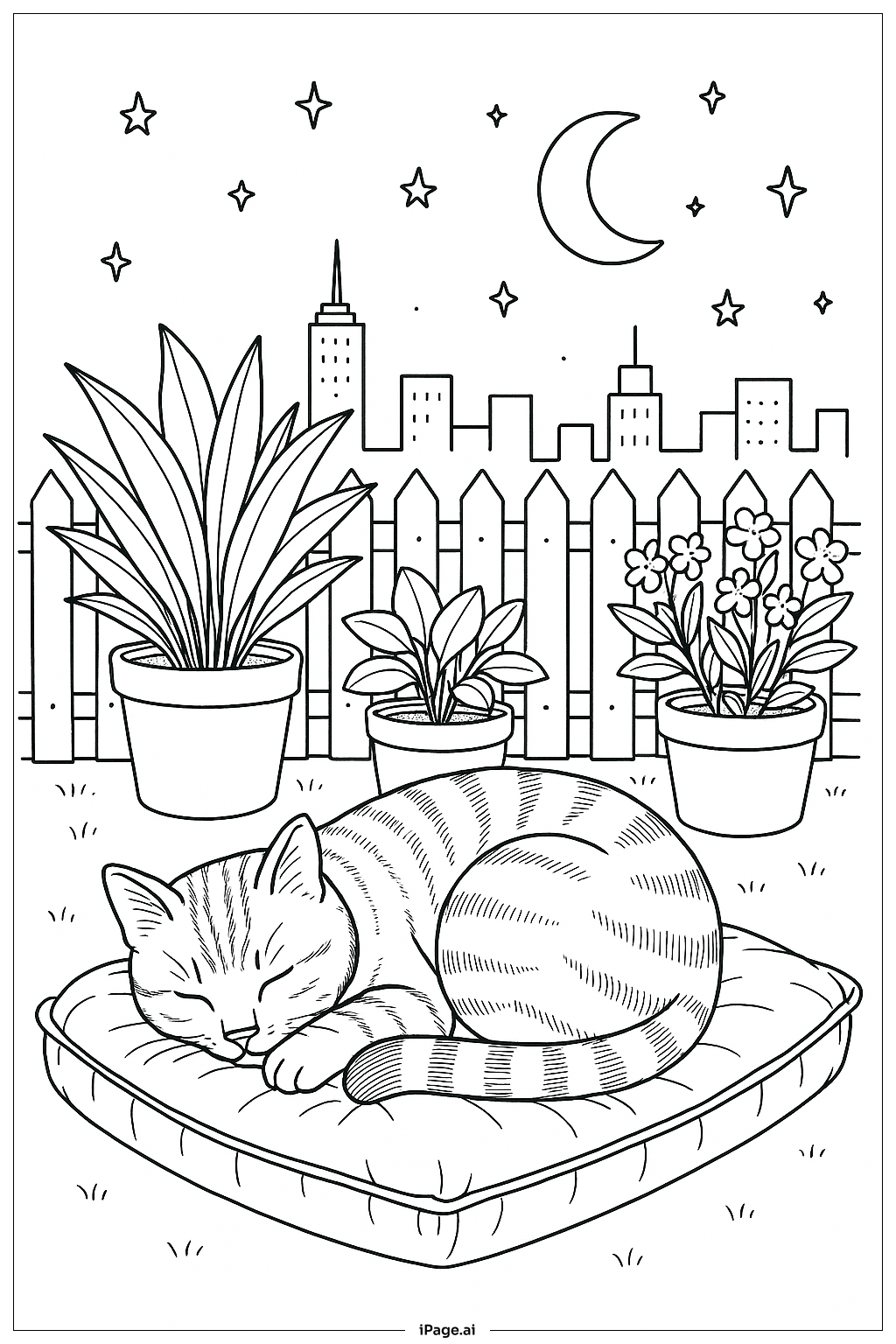  Página para colorir de Soneca no Jardim do Telhado Iluminado pela Lua 