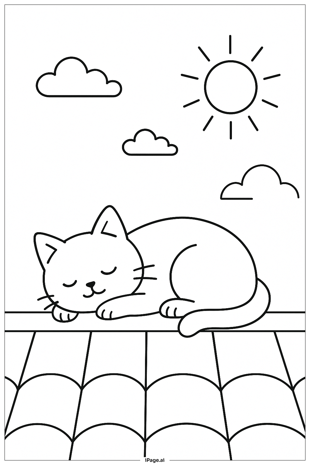  午間在屋頂打盹的貓咪著色頁 