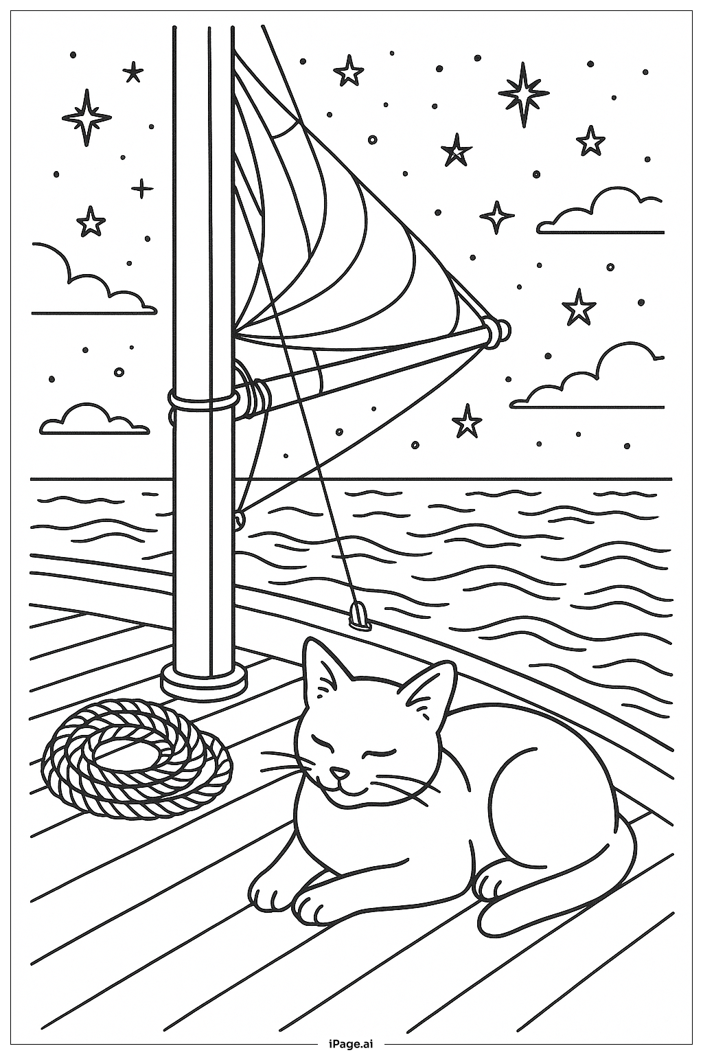  星空下帆船上的午睡貓著色頁 