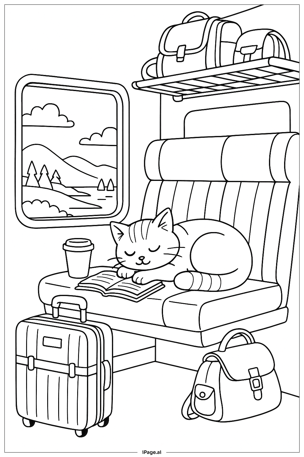  Página para colorear de Siesta de gato en el asiento del tren con equipaje 